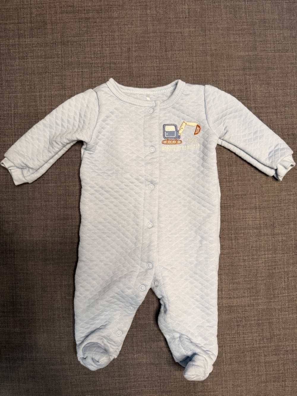 Light Blue Quilted Footed One-Piece with Excavator Embroidery 0-3M